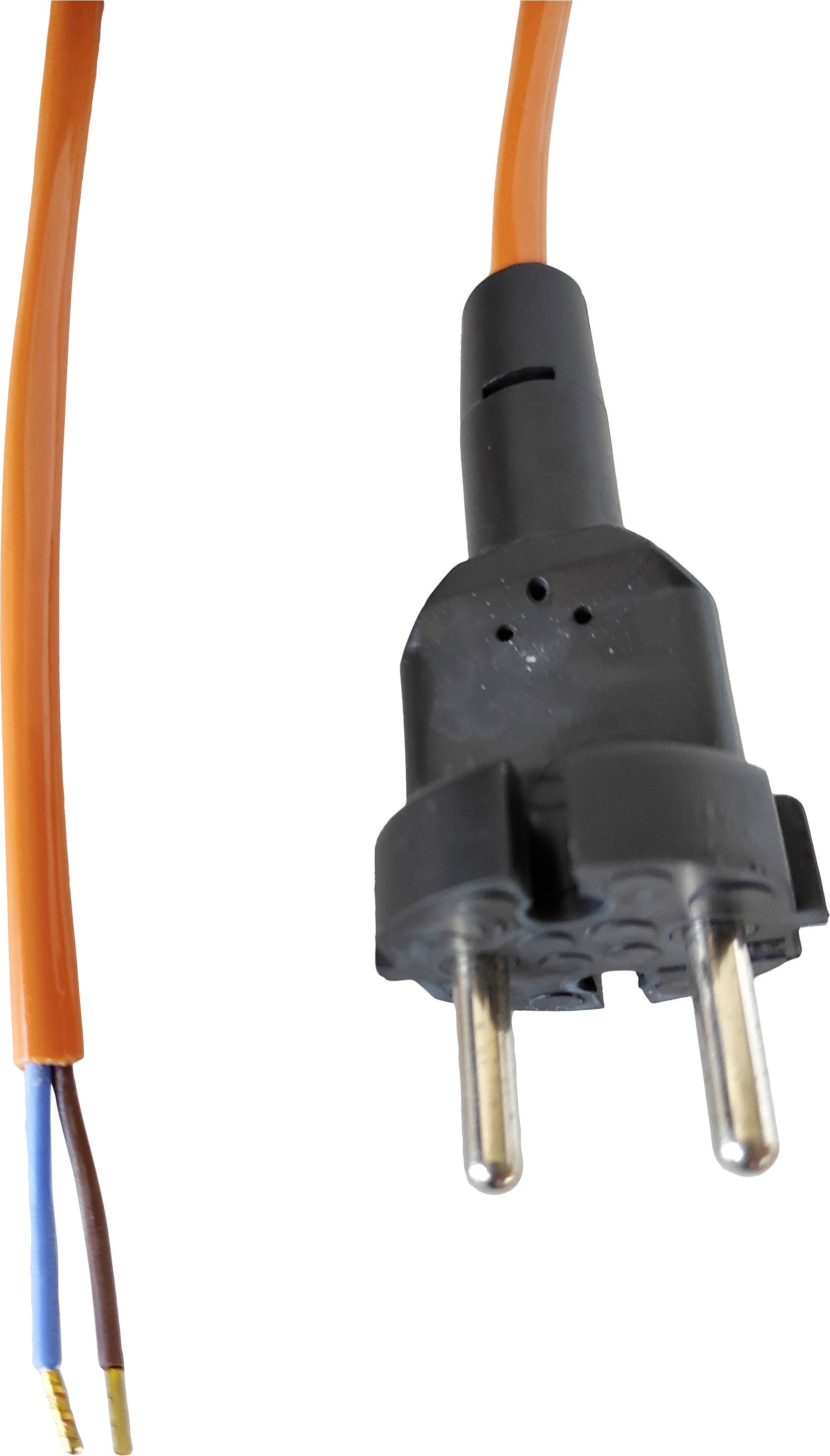 Oranžový elektrický kabel s dvoupólovým konektorem a odizolovanými konci pro elektroinstalace.