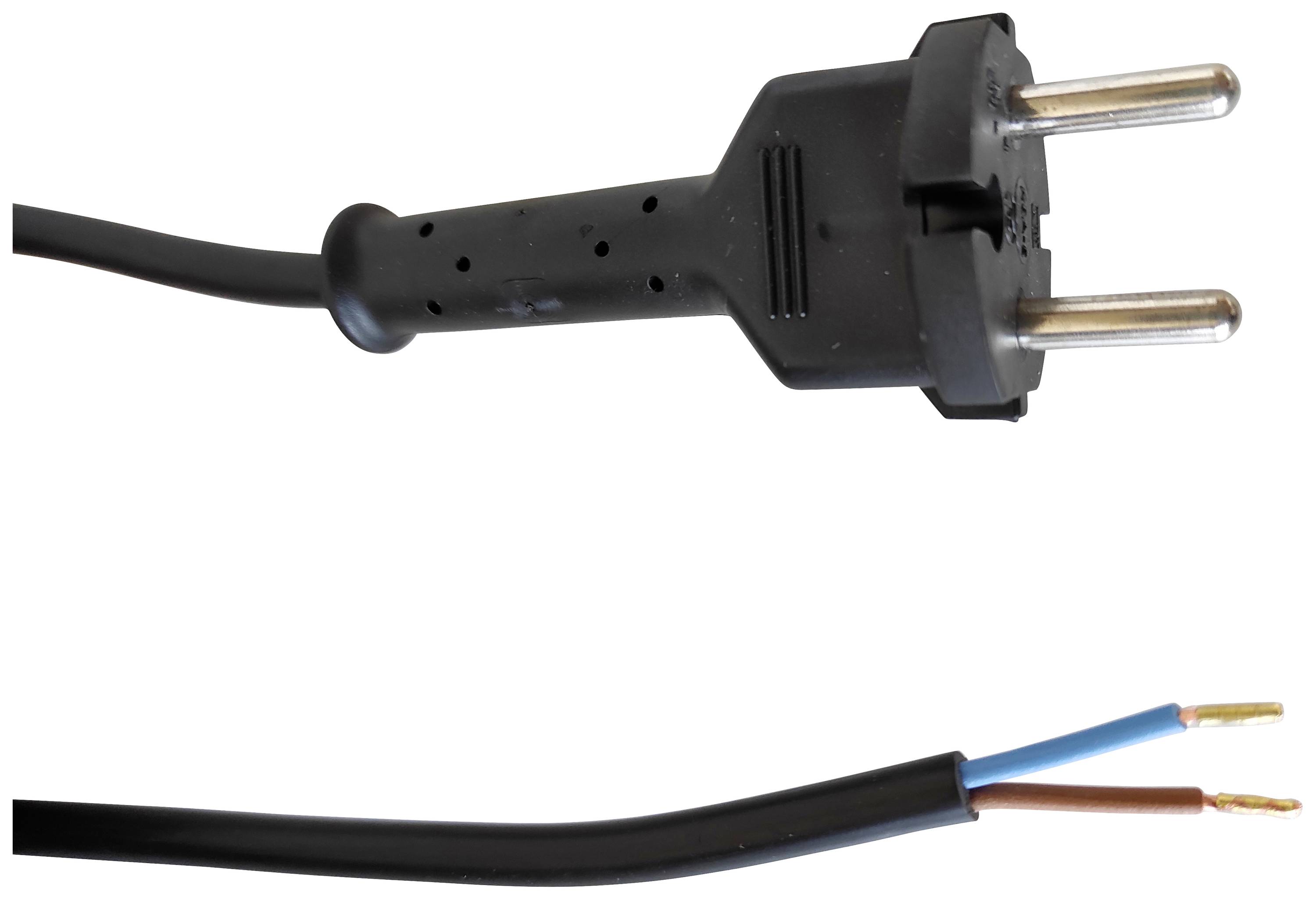 Černý elektrický kabel s dvoupólovým zástrčkou a dvěma volnými vodiči na druhém konci: modrým a hnědým.