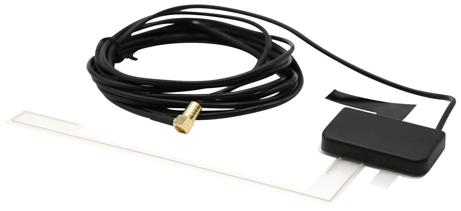 Černobílá RFID anténa s dlouhým kabelem, černým pouzdrem a zlatým konektorem. Používá se pro bezkontaktní snímání.