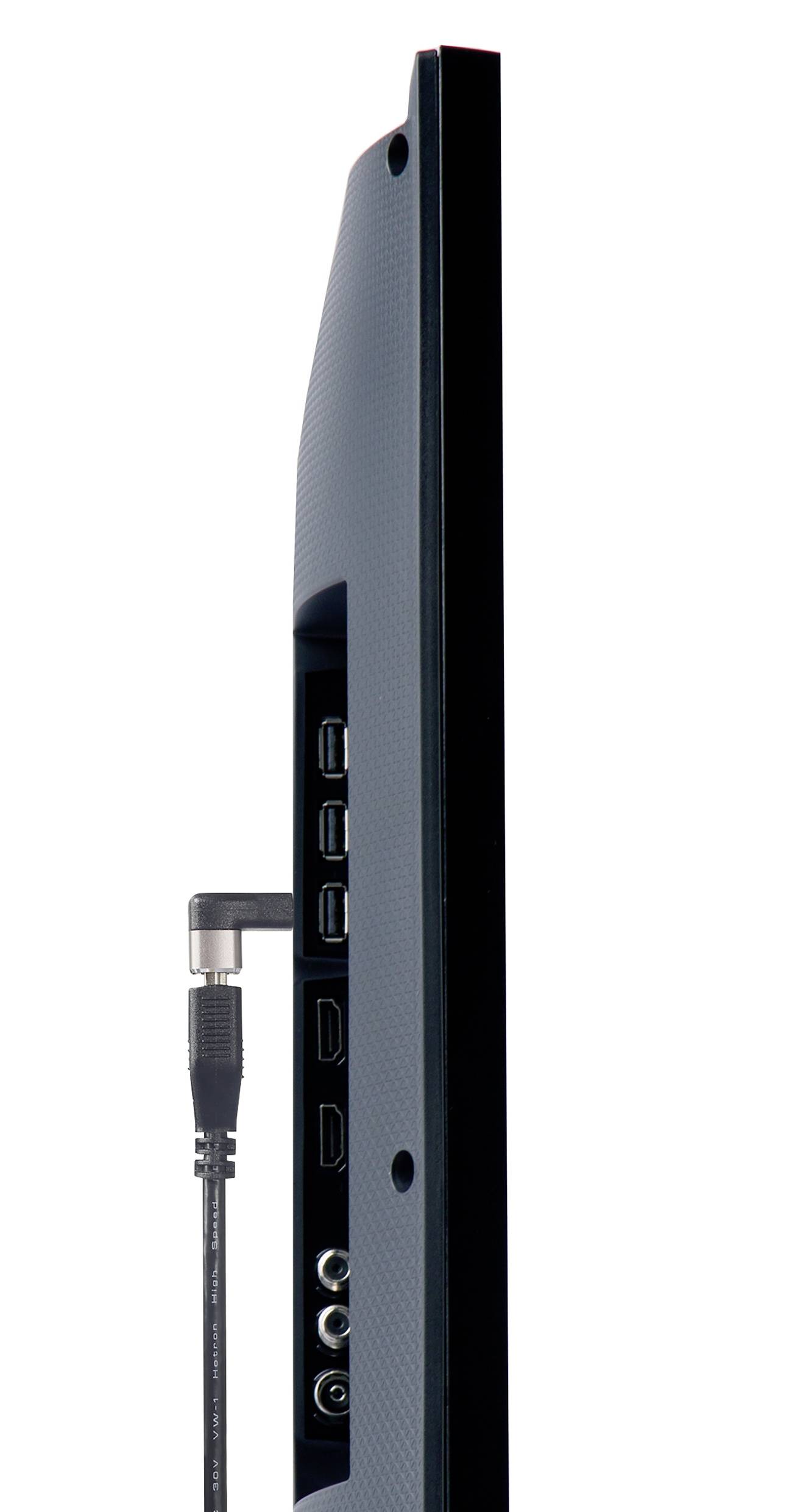 Boční pohled na plochý displej s viditelnými konektory na zadní straně, včetně HDMI a anténního kabelu.