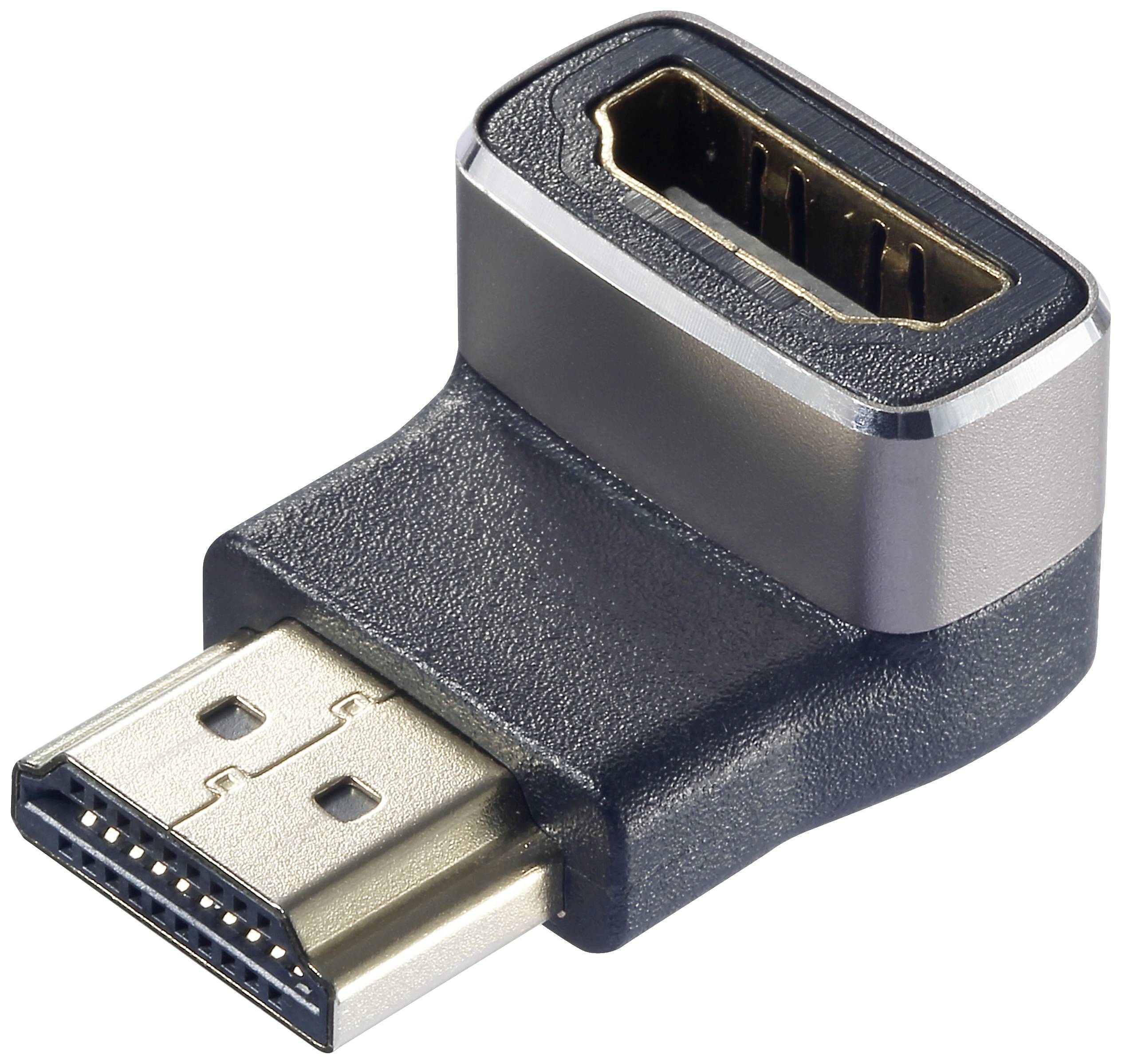 Pravoúhlý HDMI adaptér kombinující samčí a samičí konektor umožňuje připojení v těsných prostorech.
