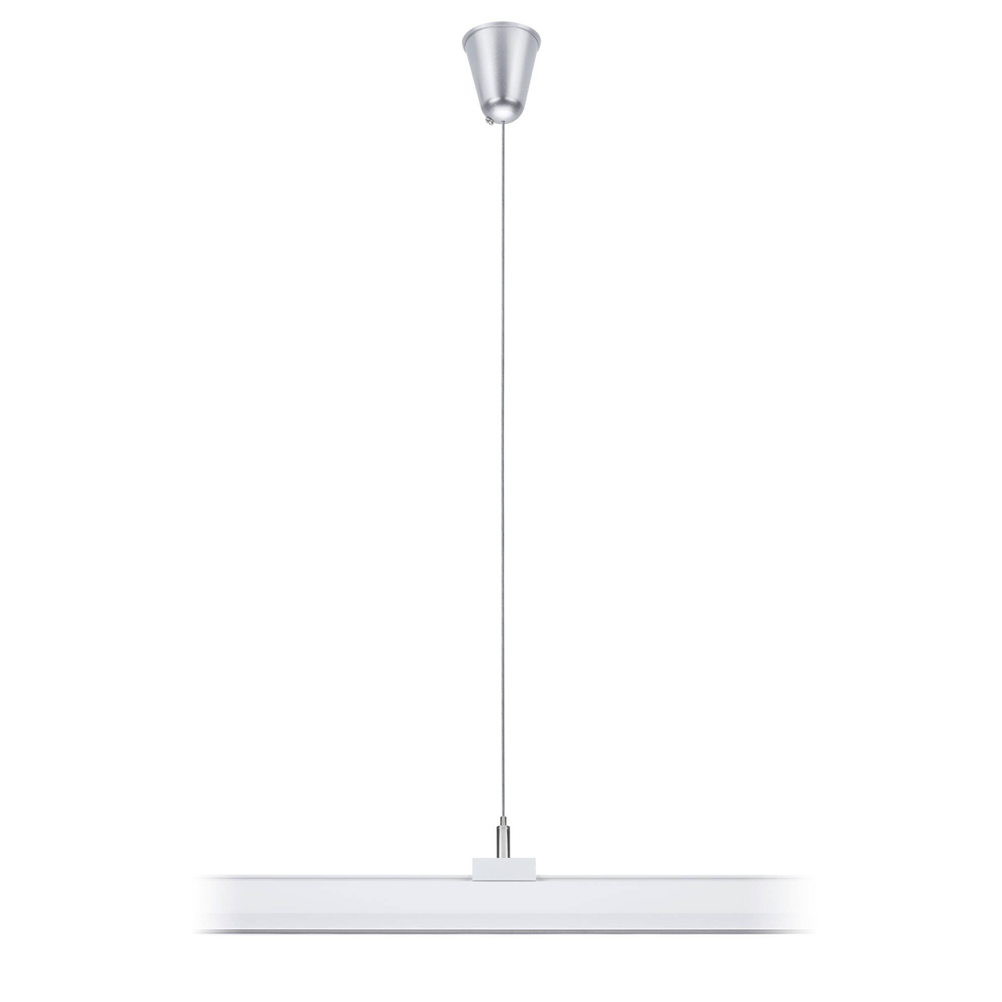 Závěsná lampa se stříbrným stínidlem a dlouhým kabelem, vhodná do moderních interiérů.