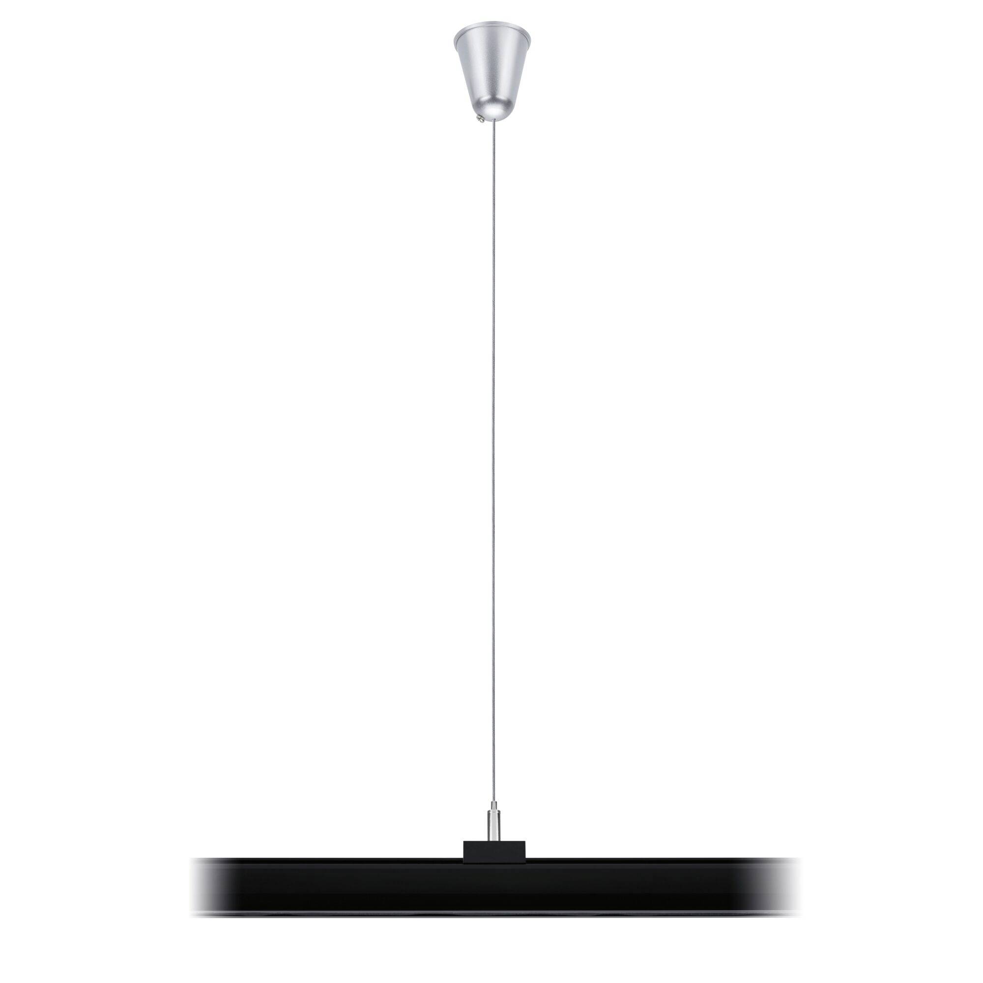 Černá moderní závěsná lampa s jednoduchým designem; stříbrný stropní úchyt a tenký kabel. Ideální pro minimalistické prostory.