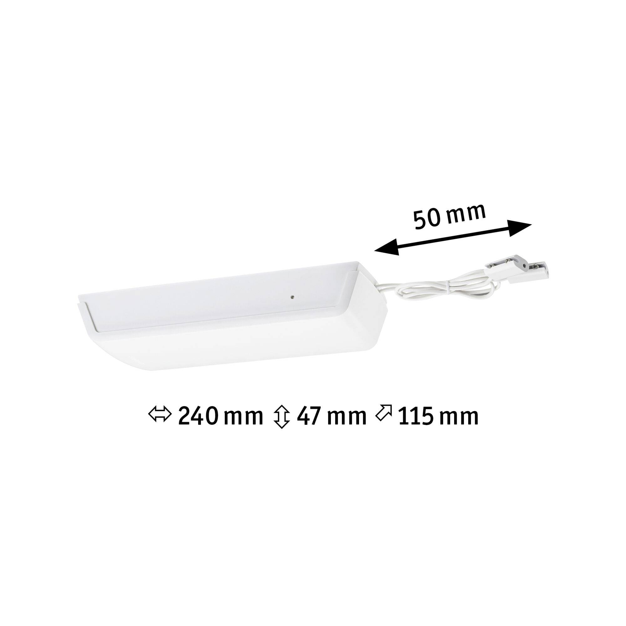 Bílé LED svítidlo o rozměrech 240 mm šířky, 47 mm výšky a 115 mm hloubky. Kabel se zástrčkou vyčnívající 50 mm.