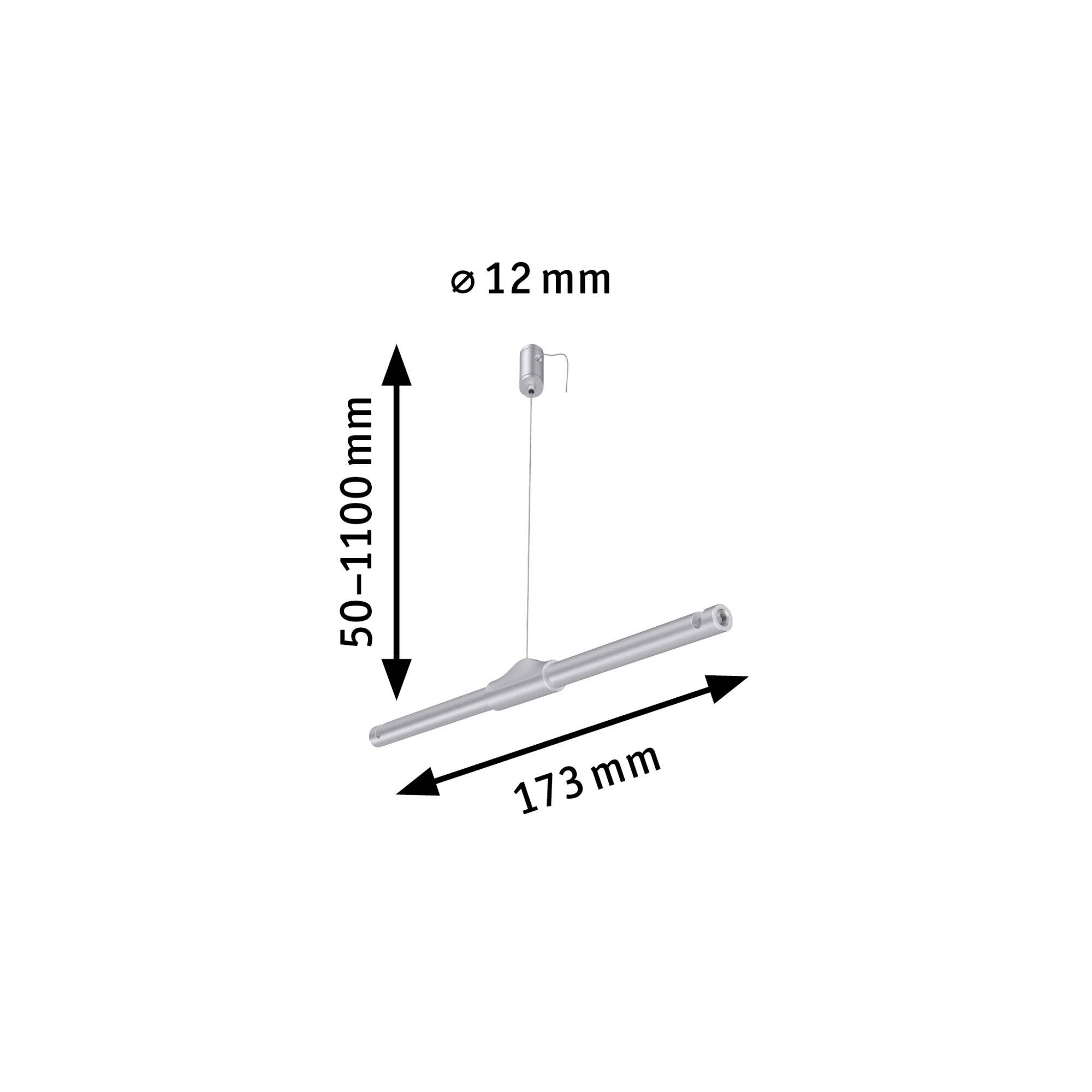 Délka závěsu kabelu: 50-1100 mm, průměr: 12 mm, šířka: 173 mm. Závěsné svítidlo s nastavitelnou výškou.