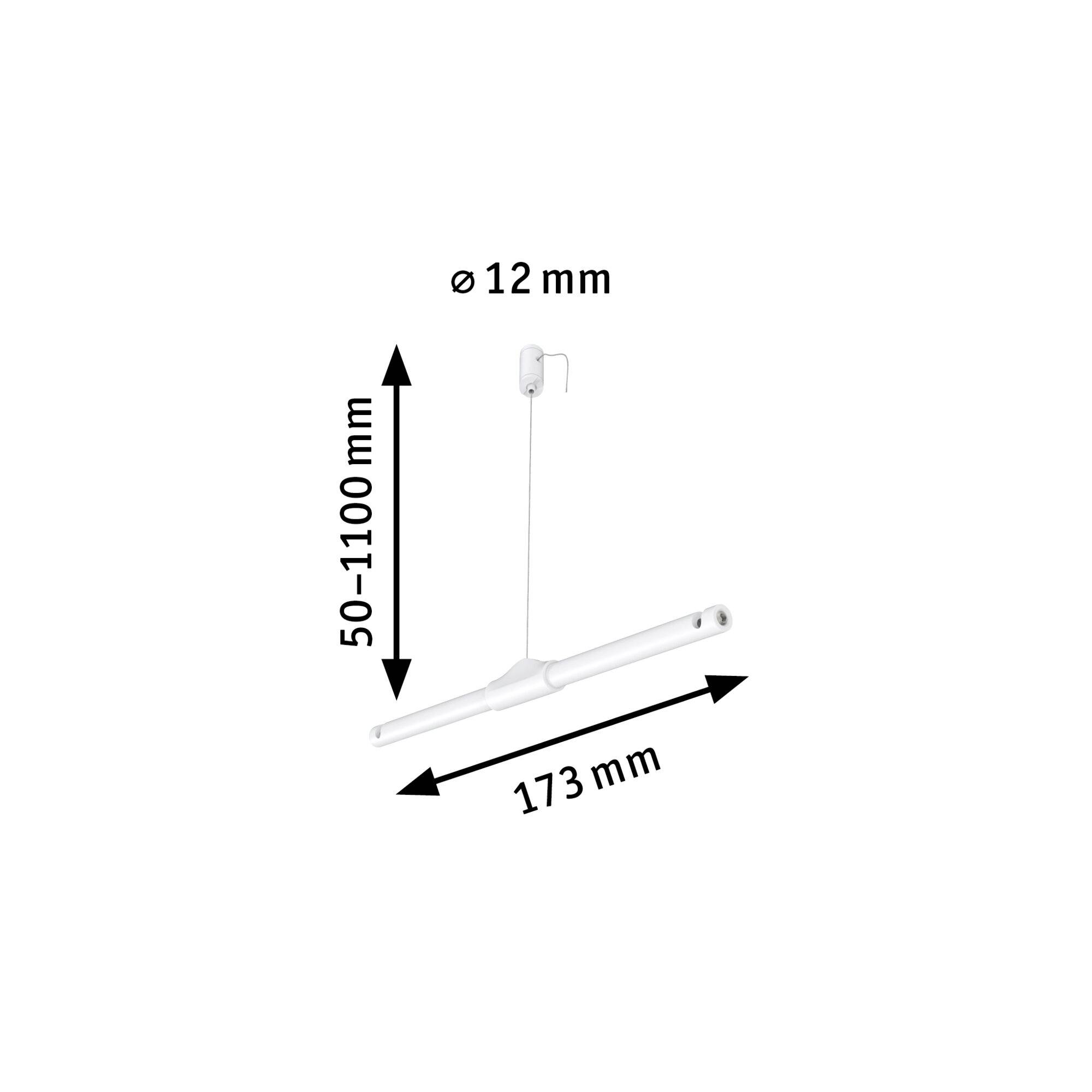 Obrázek bílé závěsné lampy s nastavitelnou výškou od 50 do 1100 mm a šířkou 173 mm.