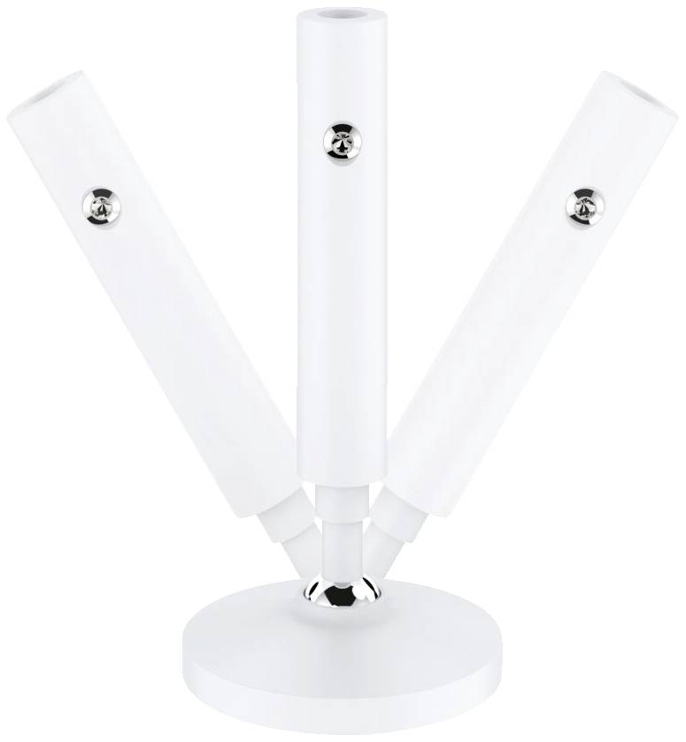 Bílá, otočná stolní lampa se třemi válcovitými rameny na kulatém podstavci.