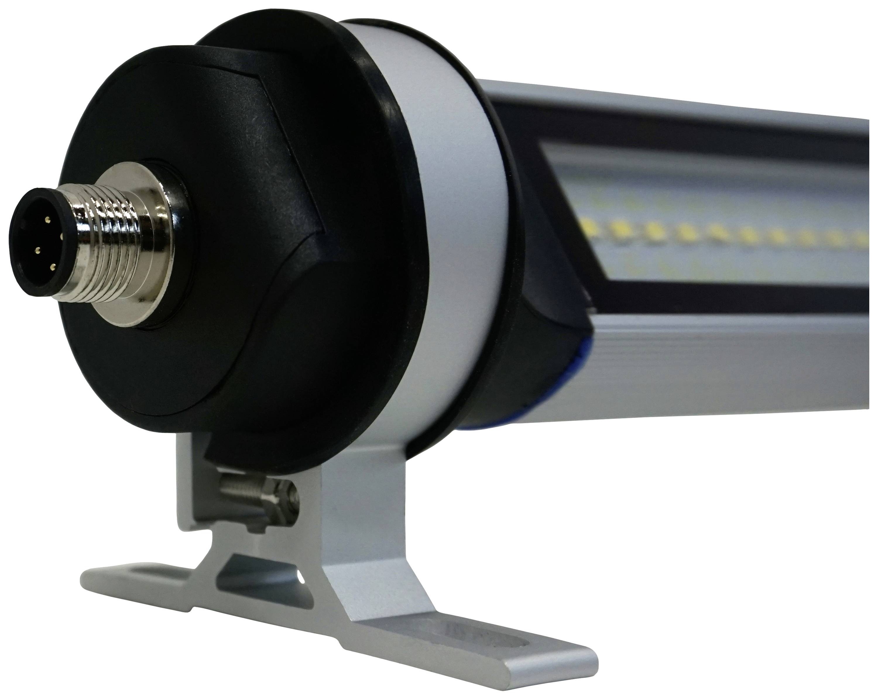 LED svítidlo válcovitého tvaru s kovovým pouzdrem a připojovací zástrčkou, namontované na držáku. Uvnitř zobrazuje LED žárovky.