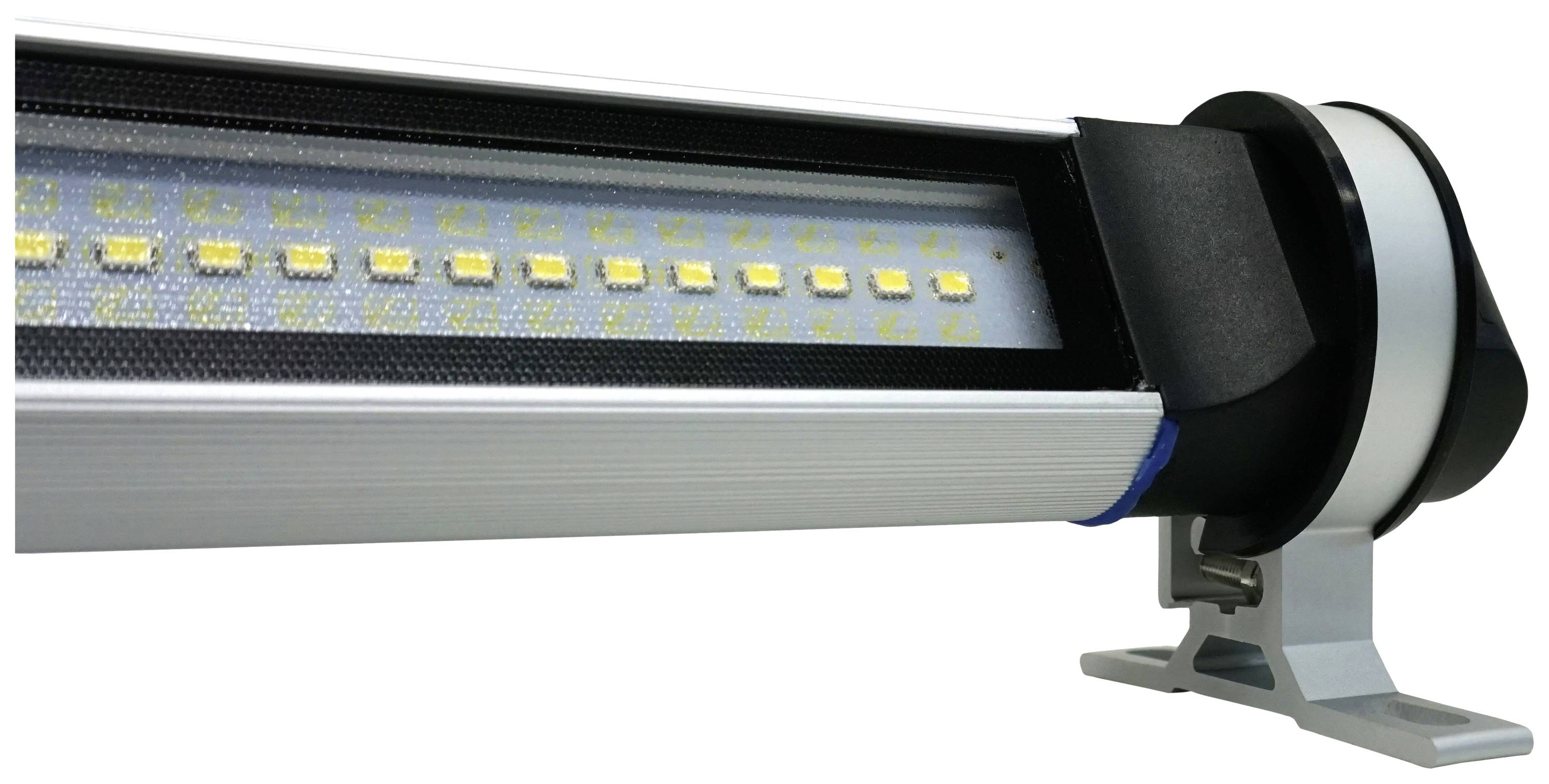 LED světelný pás v kovovém pouzdře, namontovaný na držáku, ukazuje žluté diody uvnitř.
