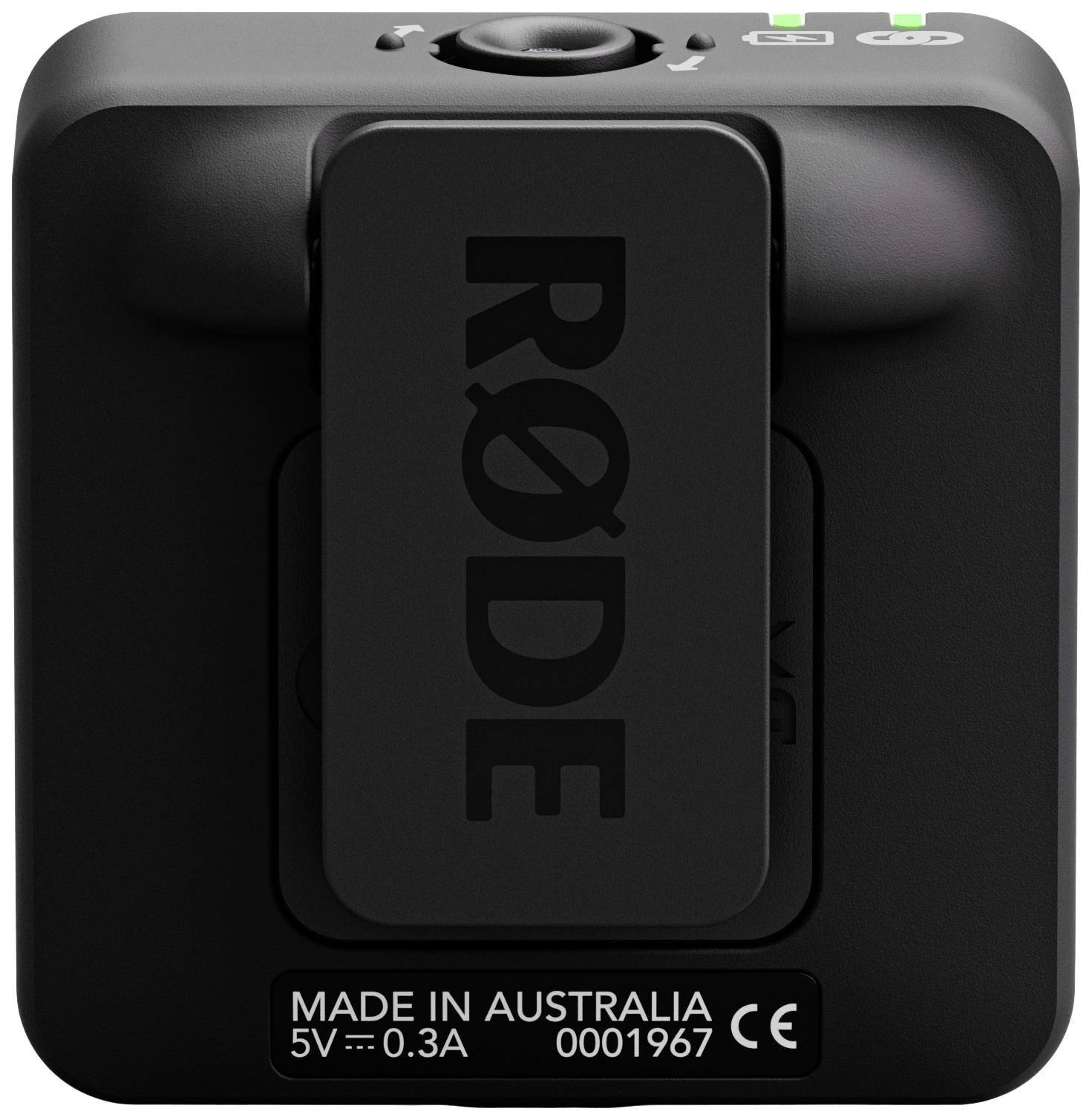 Malé černé zařízení s logem 'RØDE' a USB-C portem. Na zadní straně jsou viditelné údaje výrobce 'Made in Australia'.