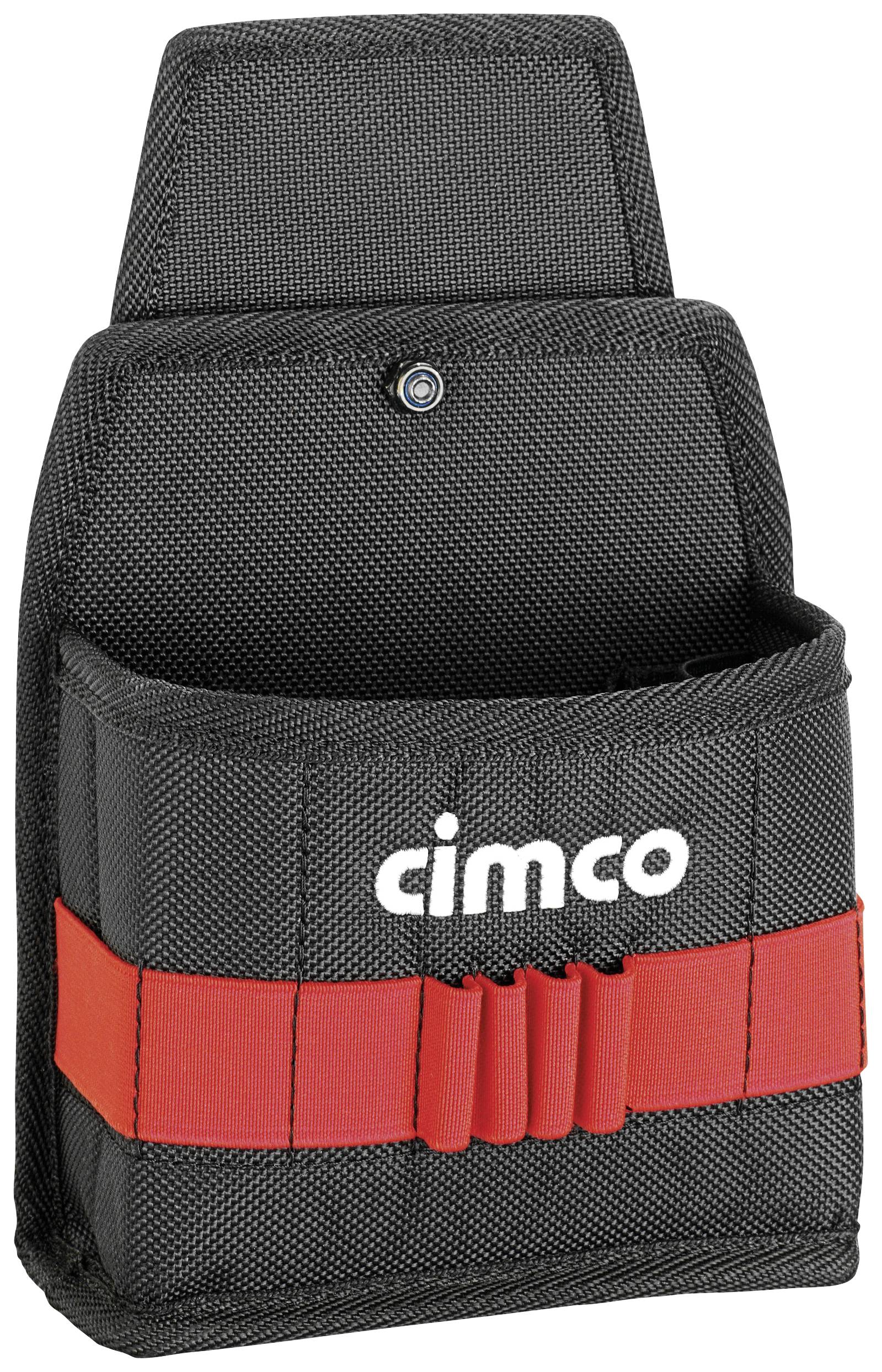 Černá taška na nářadí se červenou páskou a logem 'cimco', otevřená pro snadný přístup.