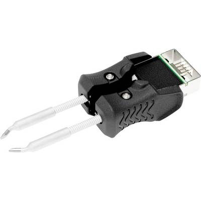 Černá rukojeť s integrovaným USB konektorem a dvěma vyčnívajícími kovovými sondami pro elektrické měření.
