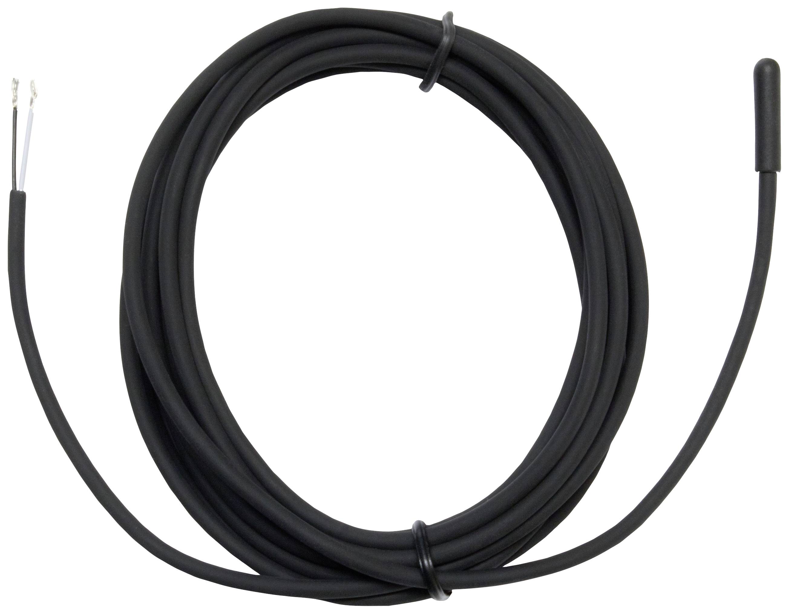 Dlouhý černý kabel s tenkým kulatým senzorem na konci, pravděpodobně teplotní čidlo, na bílém pozadí.