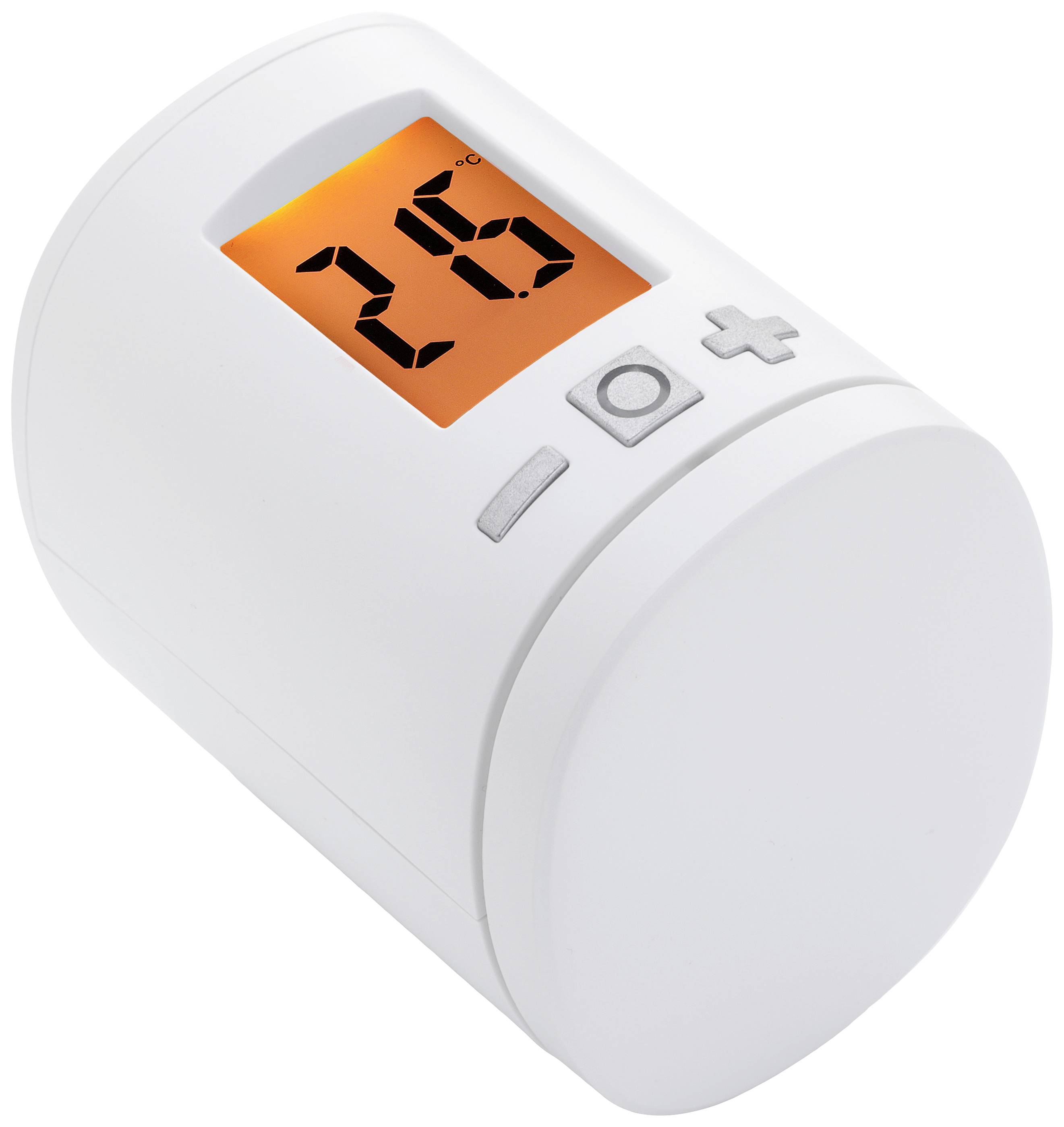 Bílý cylindrický termostat s digitálním displejem zobrazuje '25°C'. Dva tlačítka pod displejem umožňují nastavení teploty.