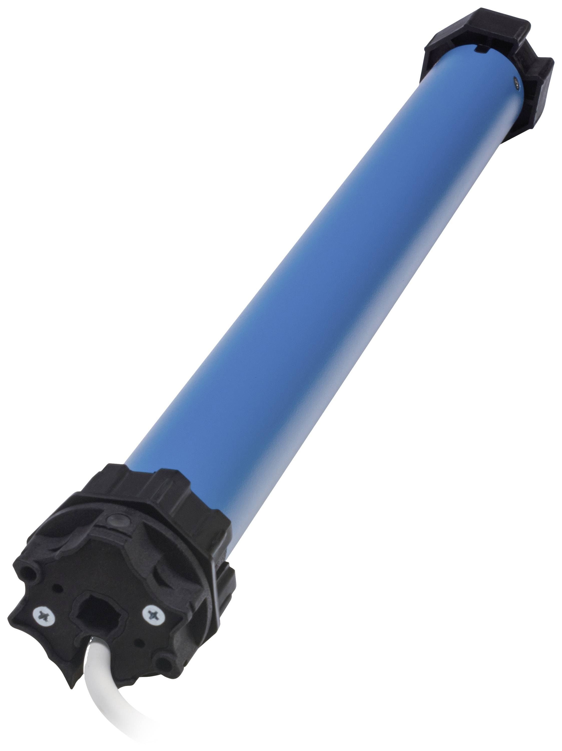 Modrý válcový elektromotor s černým koncem obklopený stropní montáží.