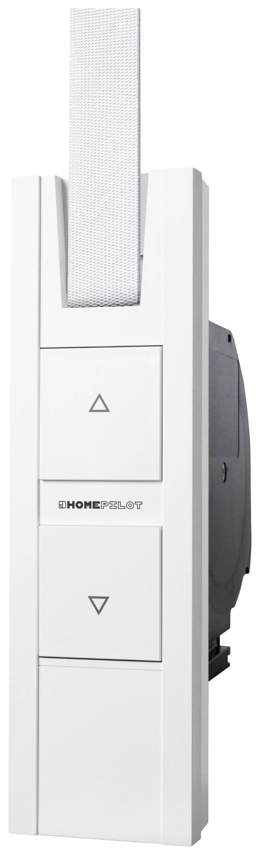 Bílý žaluziový spínač s šipkovými tlačítky pro pohyb nahoru a dolů, označený nápisem 'Homeplay'. Vhodný pro montáž na zeď.