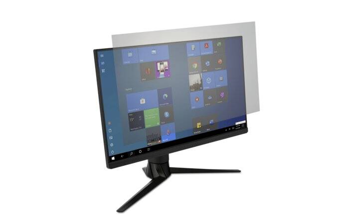 Počítačový monitor s filtrem soukromí zobrazuje plochu Windows. Filtr brání pohledu na obrazovku z bočního úhlu.