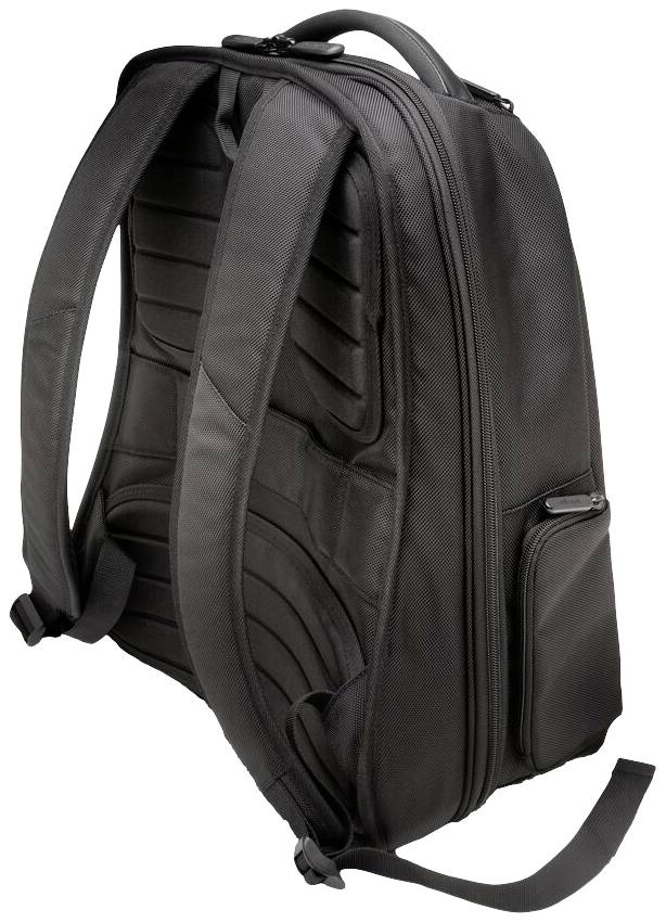 Černý batoh s ergonomicky polstrovanými popruhy a několika zipovými kapsami, ideální pro každodenní použití.