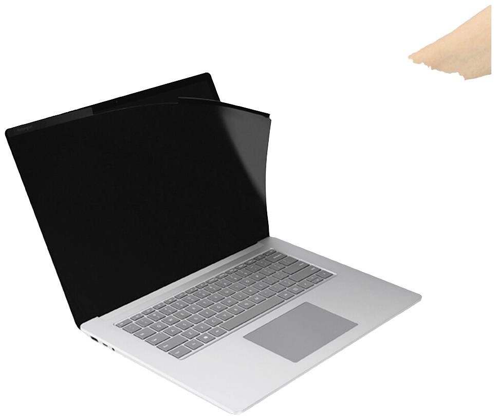 Otevřený laptop s černým filtrem obrazovky pro omezení úhlu pohledu. V pravém horním rohu se nachází prst ukazující na filtr.