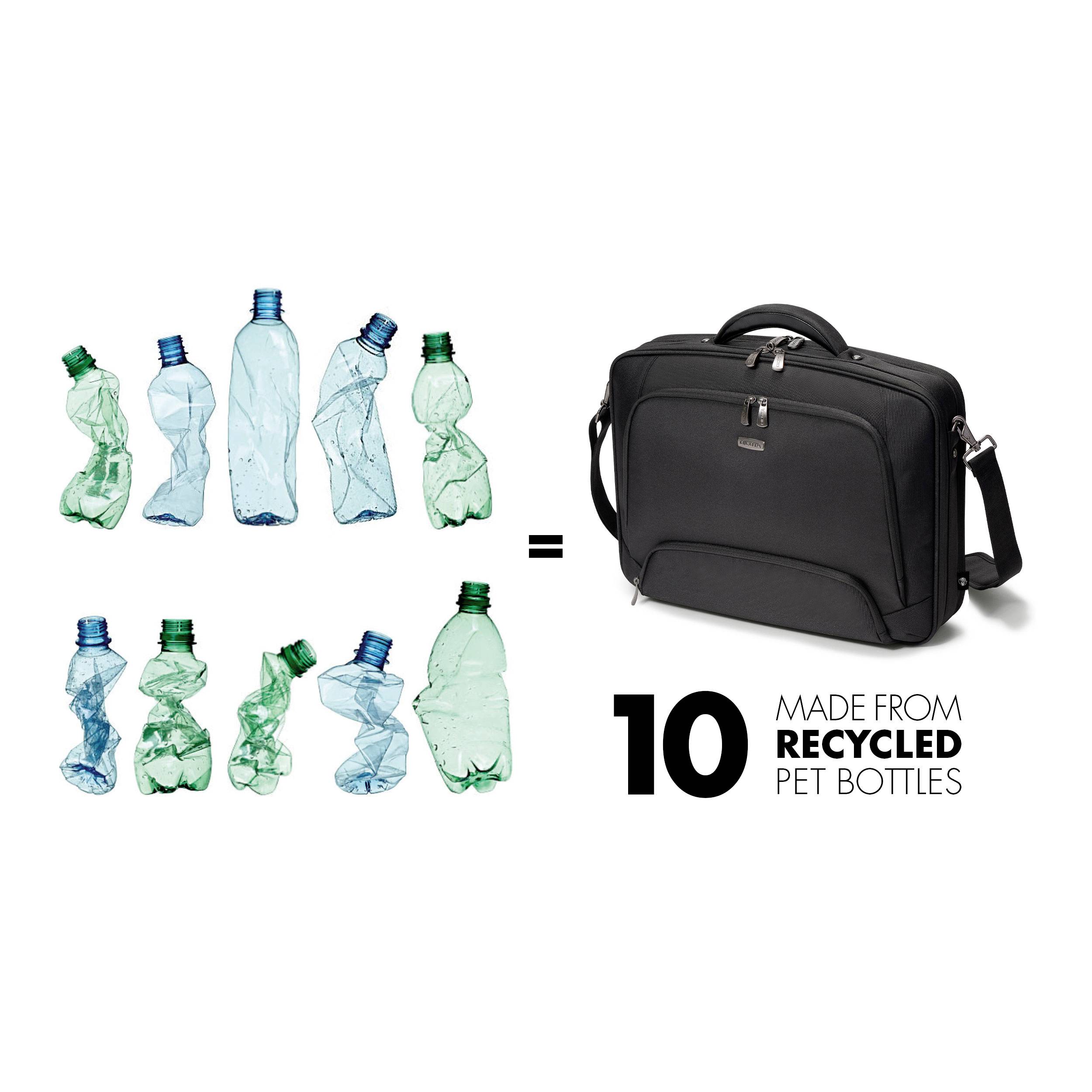 Černá taška přes rameno vpravo; vlevo devět zmačkaných plastových lahví. Text: „Vyrobeno z 10 recyklovaných PET lahví".