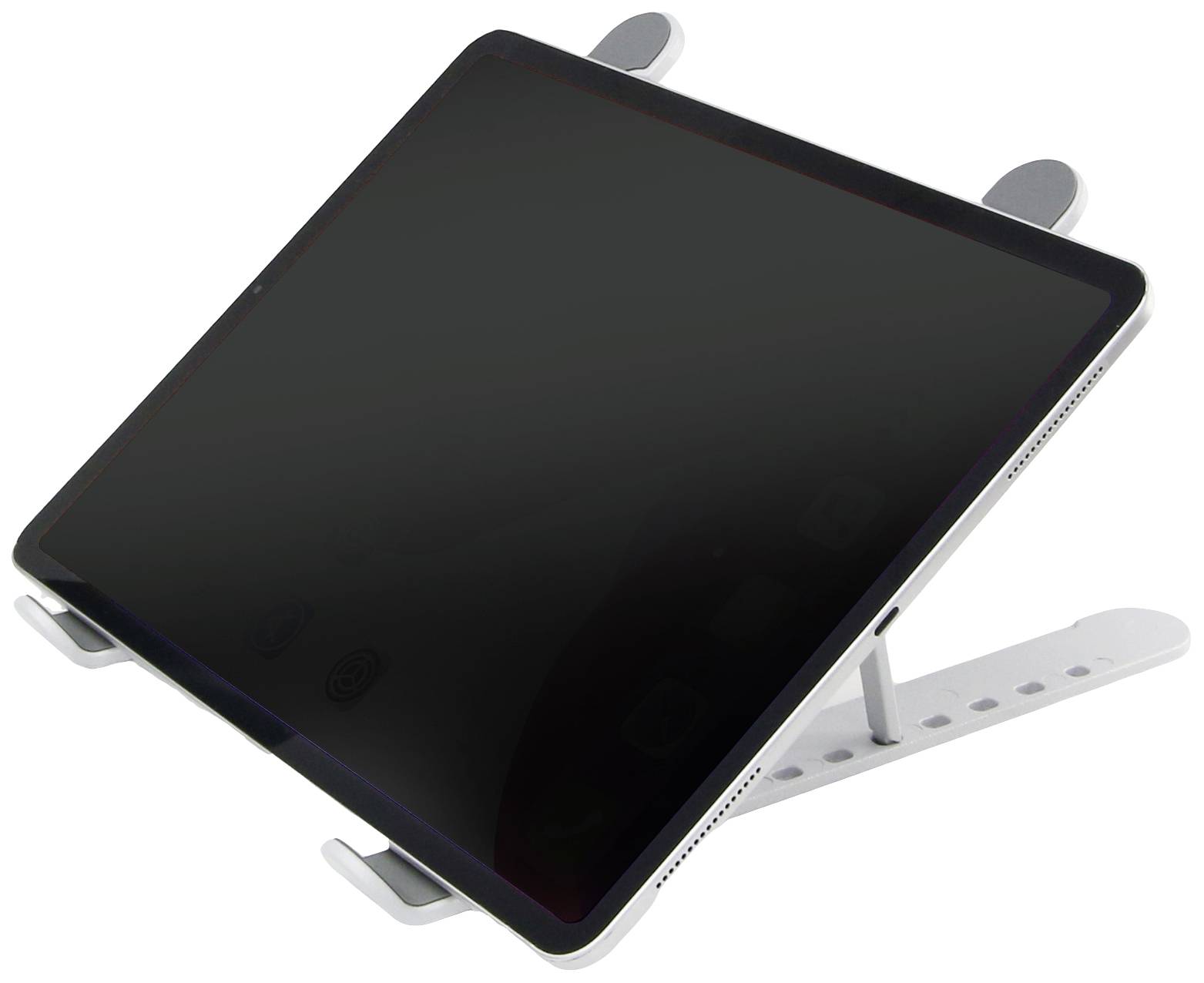 Tablet leží na bílém nastavitelném stojanu. Obrazovka je tmavá a nezobrazuje žádný viditelný obsah.