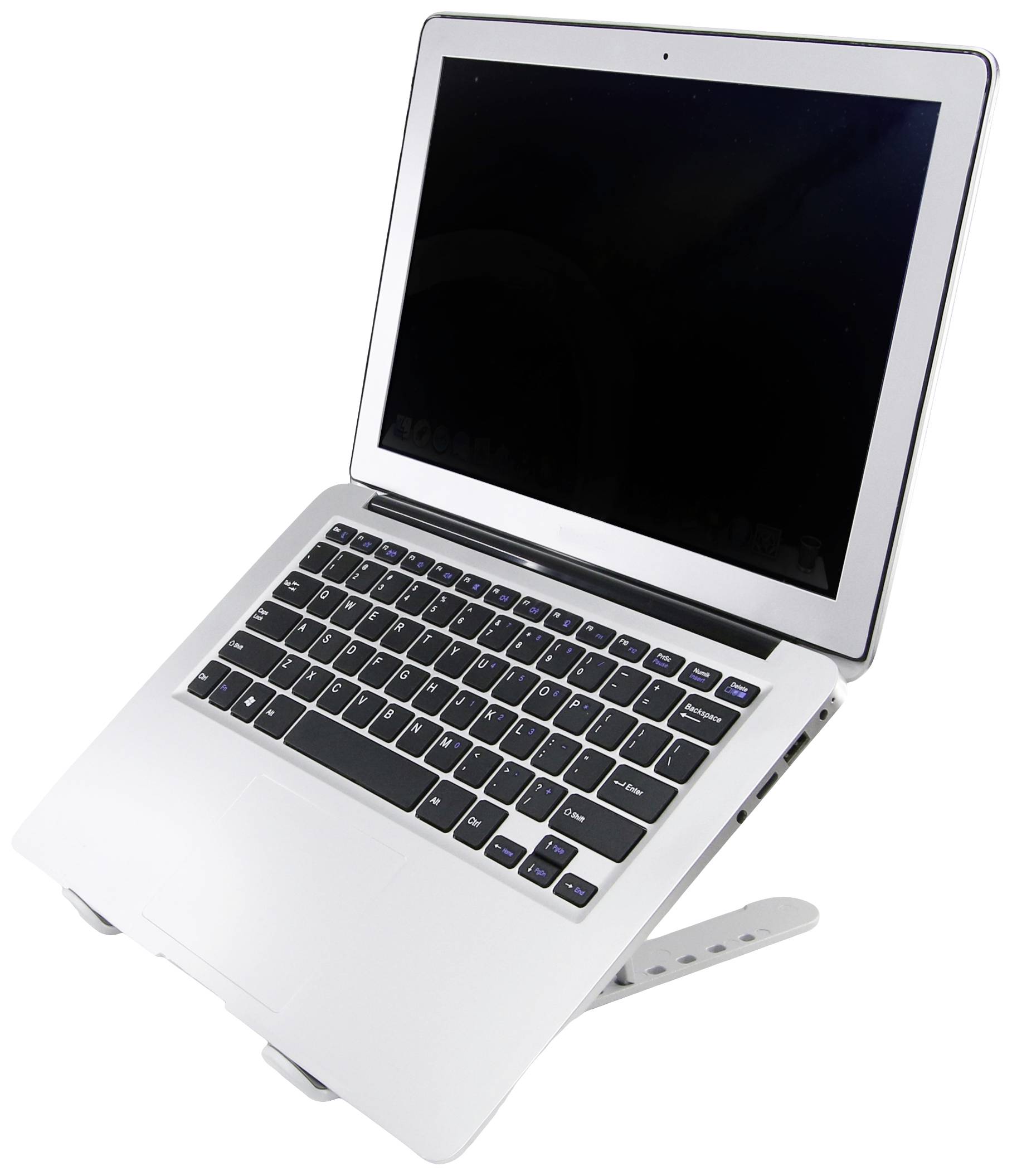 Otevřený laptop s černou obrazovkou leží na nastavitelném stojanu pro notebook. Klávesnice je viditelná.