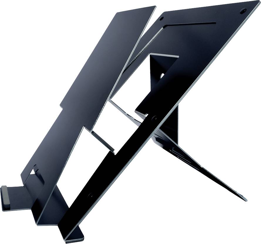 Štíhlý černý stojan na notebook v moderním, minimalistickém designu, vhodný pro zvýšení polohy obrazovky.