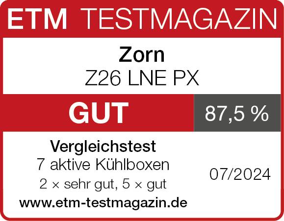 Časopis 'ETM Testmagazin' hodnotí chladicí tašku 'Zorn Z26 LNE PX' 87,5 % a klasifikuje ji jako 'Dobrou'. Srovnávací test 7 aktivních chladicích boxů, platný do 07/2024.