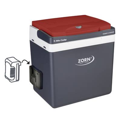 Chladicí box s logem 'Zorn'. Nahoře vpravo je červené víko. Na boku je štěrbina pro odnímatelnou baterii.