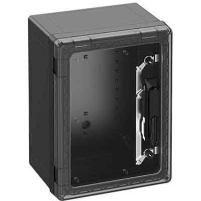 Černý, obdélníkový uzavíratelný box s průhledným víkem a postranní rukojetí, vhodný pro bezpečné uložení elektronických zařízení.