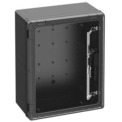 Černý prázdný rozvodný box s průhledným víkem a rukojetí na pravé straně, vhodný pro montáž na stěnu.