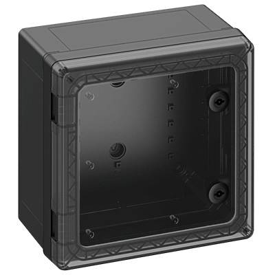 Prázdný černý plastový box s průhledným víkem, čtvercového tvaru, s montážními otvory po stranách pro uchycení na zeď.