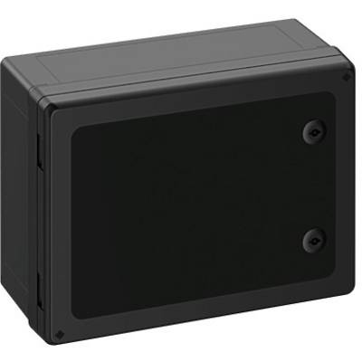 Černá obdélníková elektrická zásuvka se dvěma bočními upevňovacími šrouby.