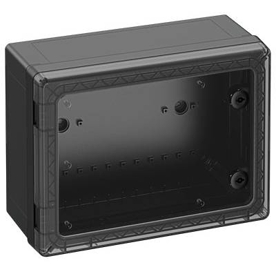 Plastové elektrorozvaděče s průhledným víkem, obdélníkový tvar, montovatelné pomocí vnitřních otvorů.
