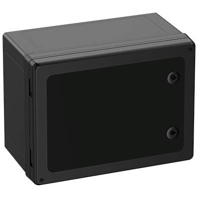 Černý obdélníkový elektronický kryt se dvěma viditelnými šrouby na přední straně. Vhodný pro ochranu elektronických zařízení.
