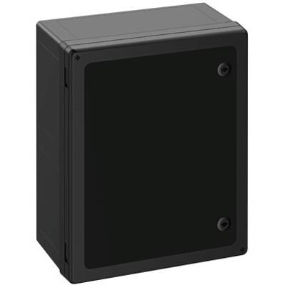 Černý, obdélníkový box, pravděpodobně elektronický kryt nebo rozvodná skříň, s hladkým povrchem a šrouby.