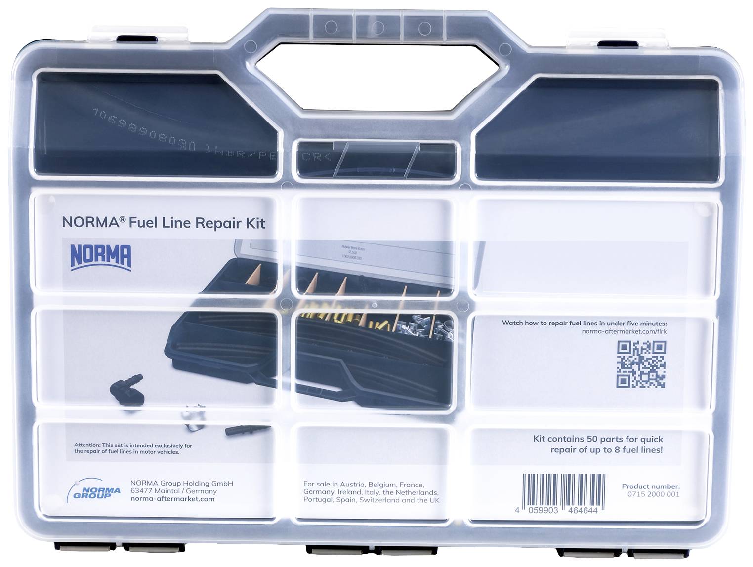 Plastový kufřík s nápisem 'NORMA Fuel Line Repair Kit'. Obsahuje nástroje a díly pro opravu palivových vedení.