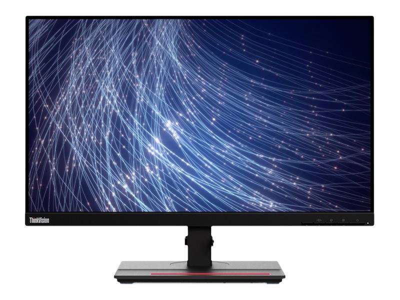 Moderní počítačový monitor s obrazovkou zobrazující abstraktní design z modrých a bílých světelných linií.