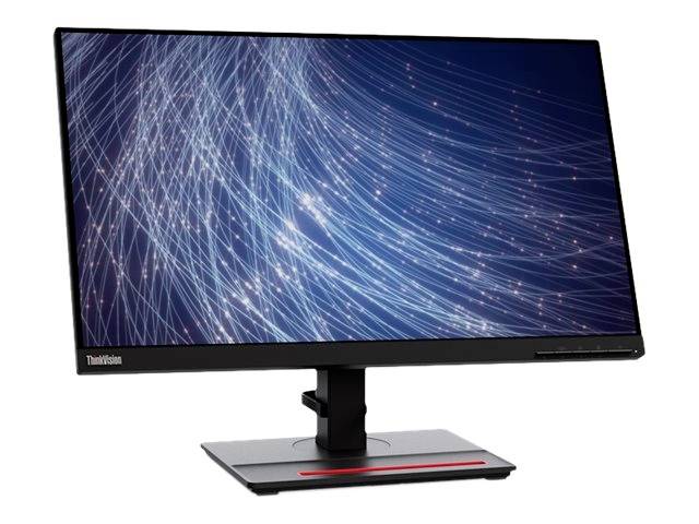Počítačový monitor s osvětleným modrým a bílým liniovým designem na displeji. Monitor má tenký rámeček a je umístěn na černém stojanu.