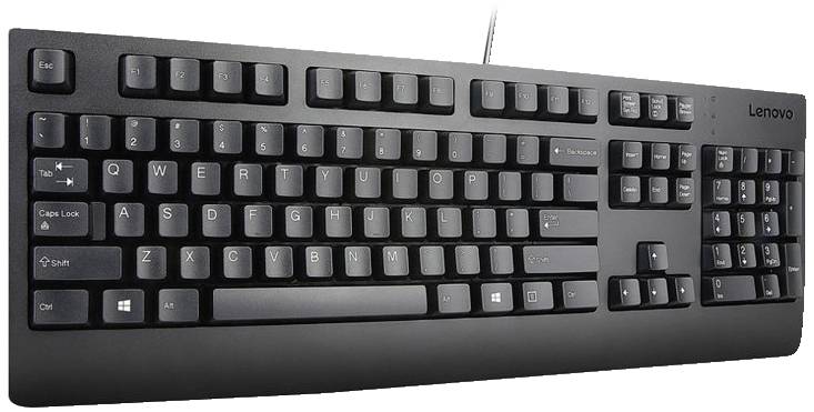 Černá klávesnice Lenovo s kompletním rozložením kláves, včetně numerické klávesnice a funkčních kláves.