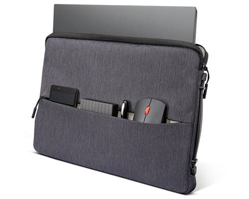Šedý obal na notebook na zip, částečně otevřený. V přední kapse je myš a několik kabelů.