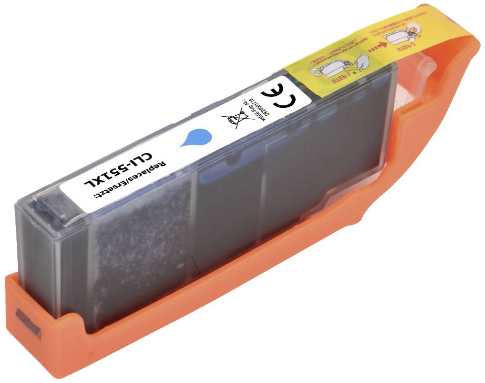 Inkoustová kazeta v oranžovém držáku s modrým inkoustovým symbolem.