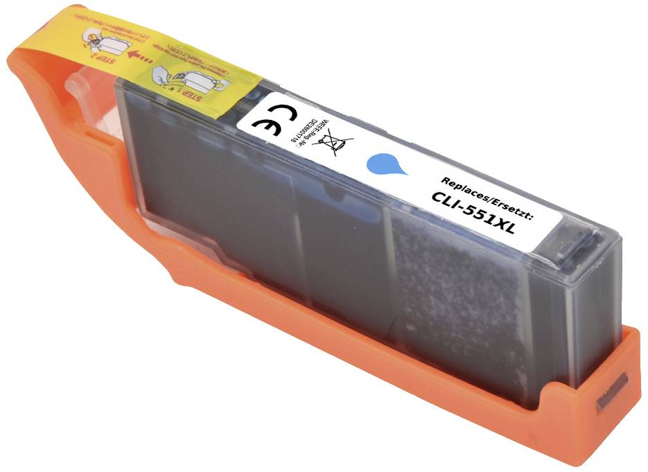 Inkoustová kazeta s oranžovým ochranným krytem a nápisem "Replace: CL-551XL".
