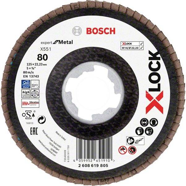 Brusný kotouč Bosch, model X551, 125x22,23 mm, zrnitost 80, pro obrábění kovů. Upevňovací systém X-LOCK, otáčky až 80 m/s.