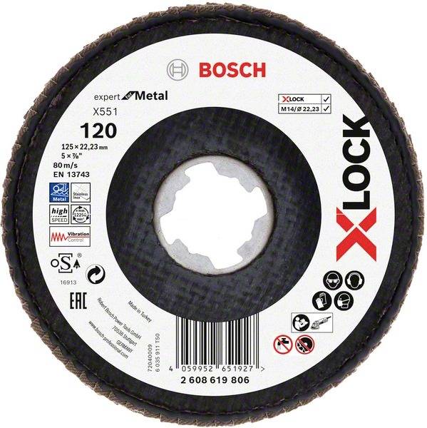 Brusný kotouč: BOSCH X-Lock na kov, 125x22,23 mm, zrnitost 120, maximální otáčky 80 m/s. Certifikováno CE a EN.