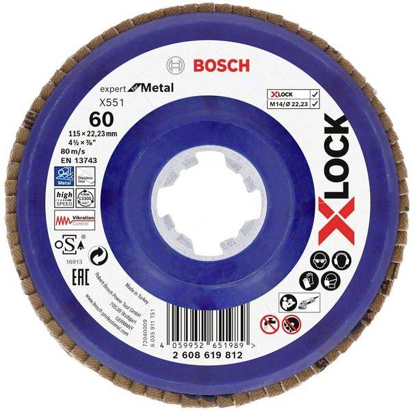 Lamelový brusný kotouč Bosch X-LOCK s kovovým symbolem, model X551. Průměr 115 mm, zrnitost 60, max. 80 m/s, upozornění ke kompatibilitě.