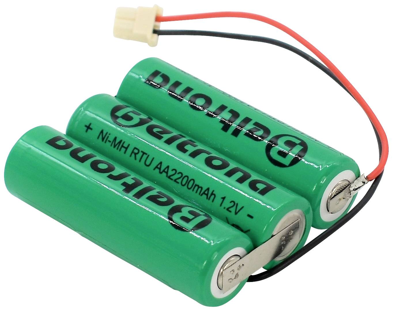 Tři zelené válcovité AA NiMH baterie o kapacitě 2200 mAh a napětí 1,2 V, propojené kabelem s bílou zástrčkou.