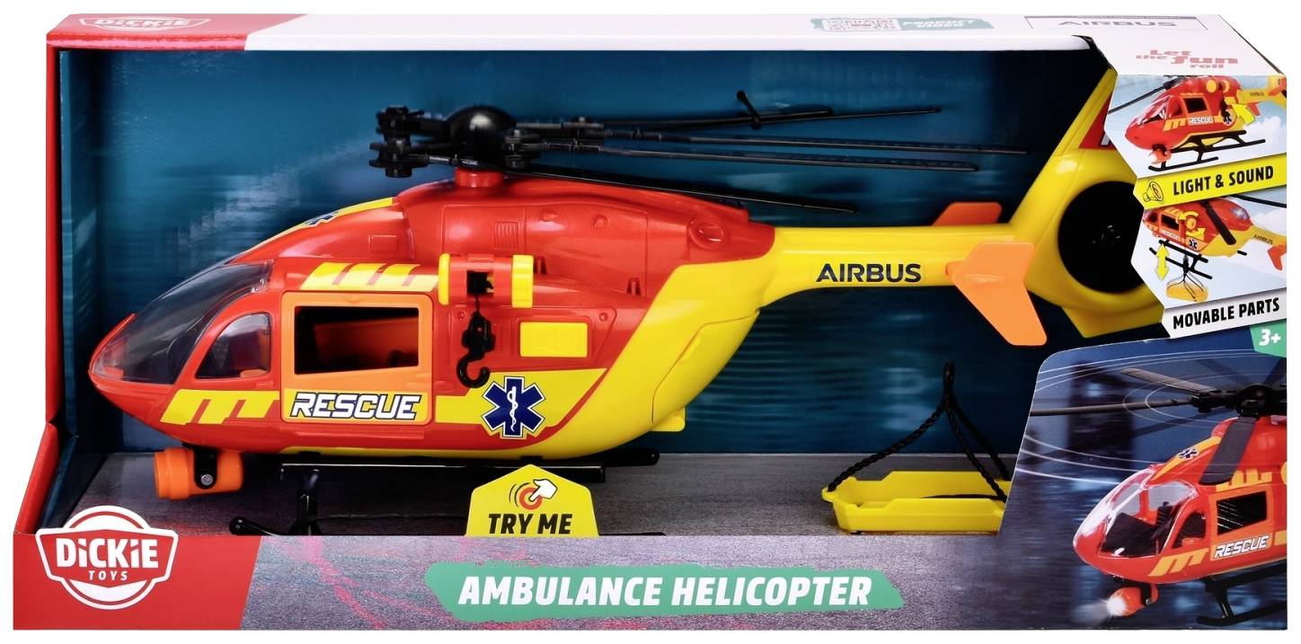 Hračka Záchranářská helikoptéra v červeném obalu se žlutými detaily. Obsahuje světelné a zvukové funkce. Vhodné pro děti od 3 let.