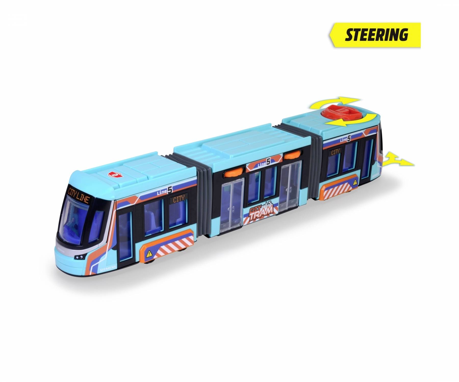 Elektrická hračka tramvaje s modrou karoserií a červenými akcenty. Na boku nápis 'Tram'. Nahoře žlutá cedule s nápisem 'Steering'.