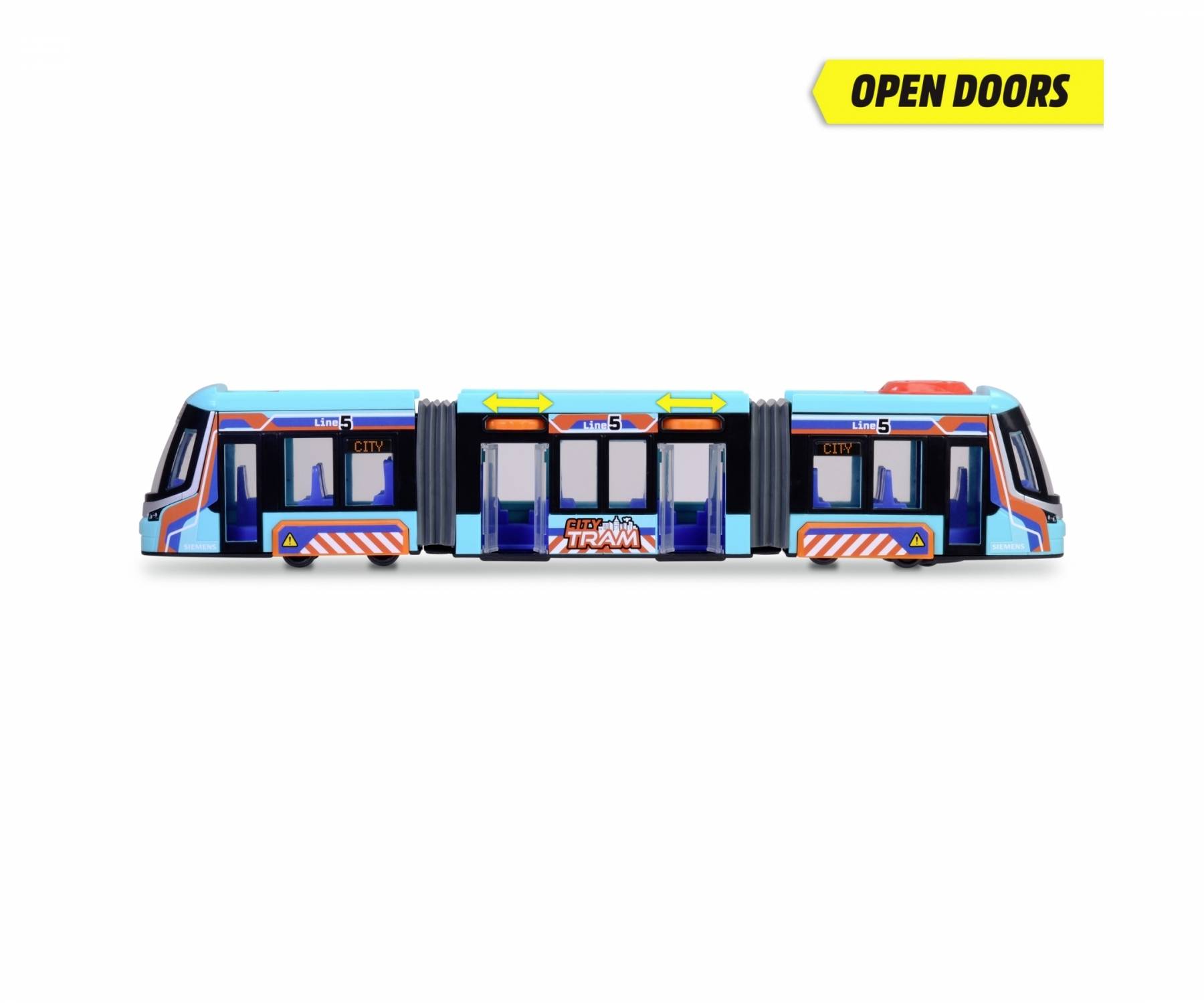 Model pouliční tramvaje s otevřenými dveřmi, modré barvy s oranžovými pruhy, text 'OPEN DOORS' v pravém horním rohu.